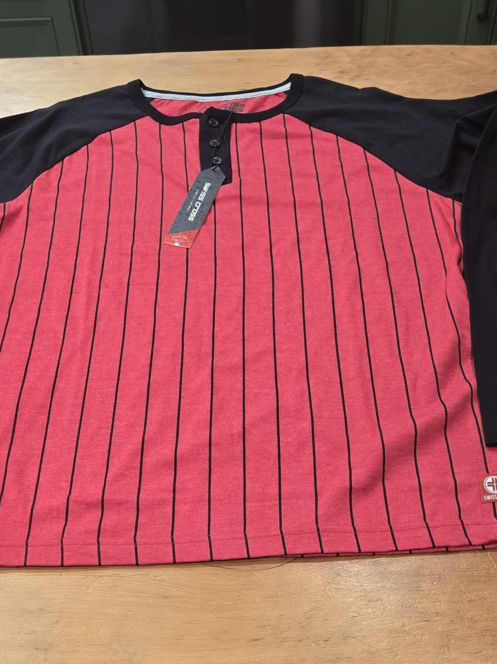 Men's Red Pinstripe Henley Raglan Long Sleeve Shirt - Brand: Swiss Cross